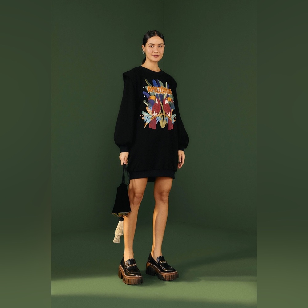 NWT Farm Rio Amazonia Toucans Long Sleeve Graphic Sweater Dress In Black